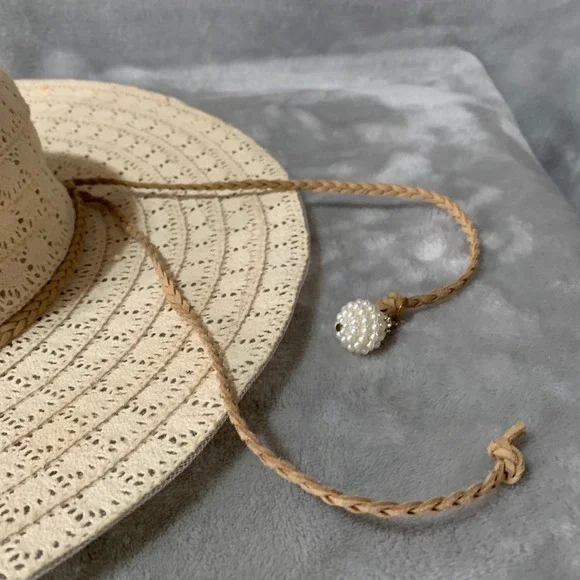 Somas Accessories Greece Beige Crochet Wide Brim Sun Hat Pearl Charm Sz 57 Lace - Picture 11 of 16